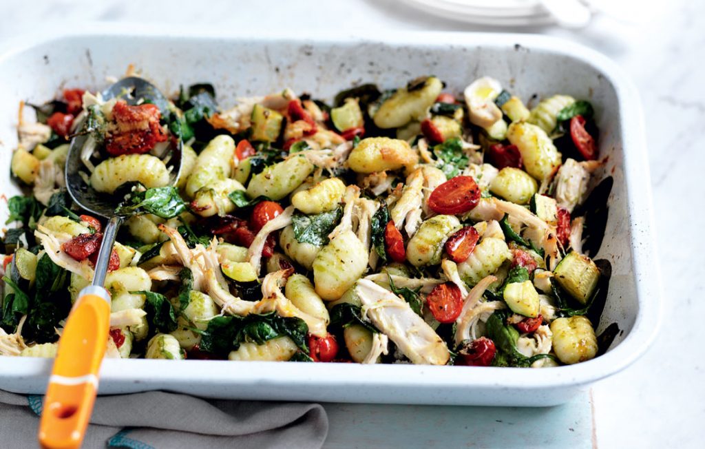 Pesto gnocchi and chicken bake