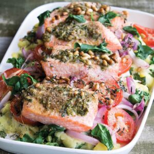 Pesto salmon potato bake