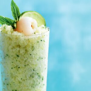 Pineapple, mint and coconut granita with lychees