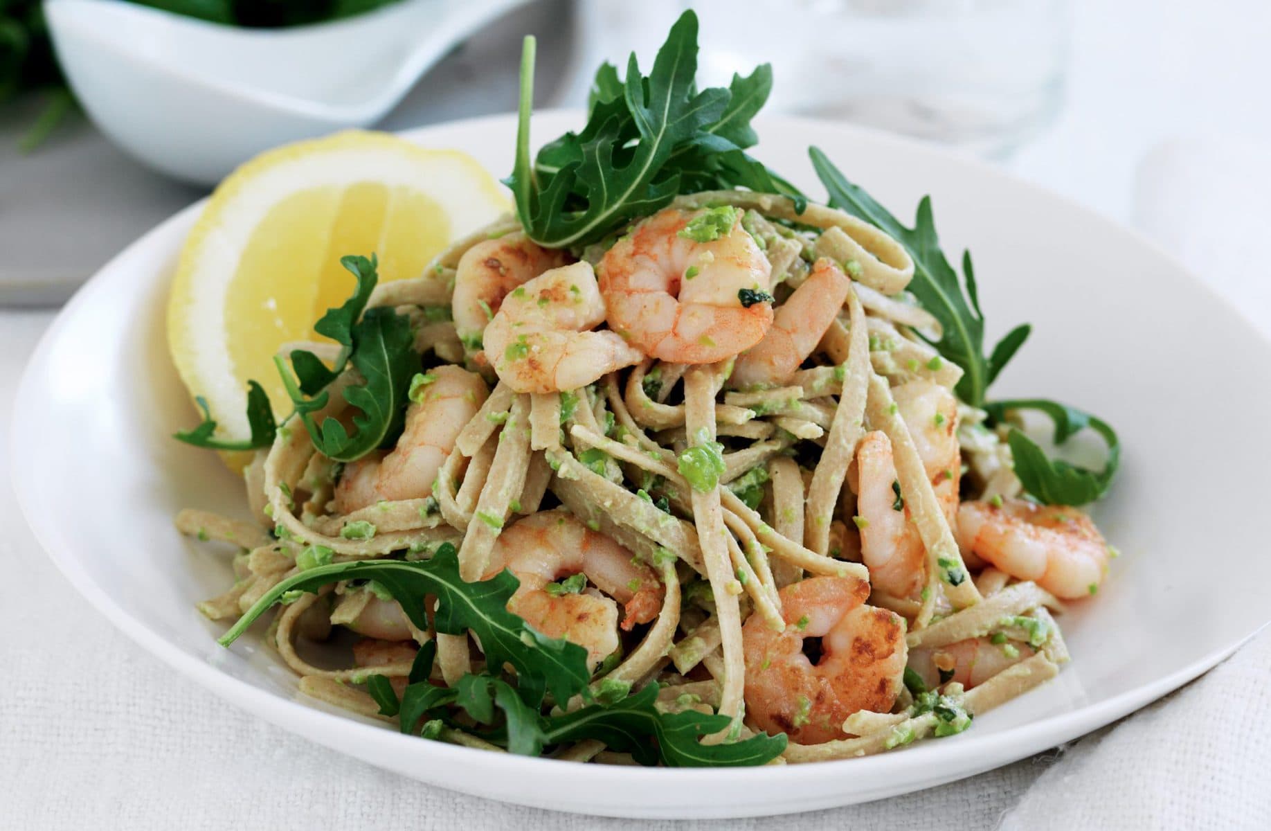 Prawn pasta with pea pesto