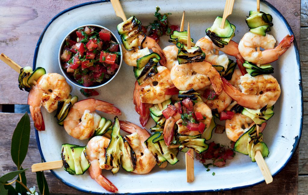 Prawn skewers with lemon, caper and tomato dressing Prawn skewers with lemon, caper and tomato dressing