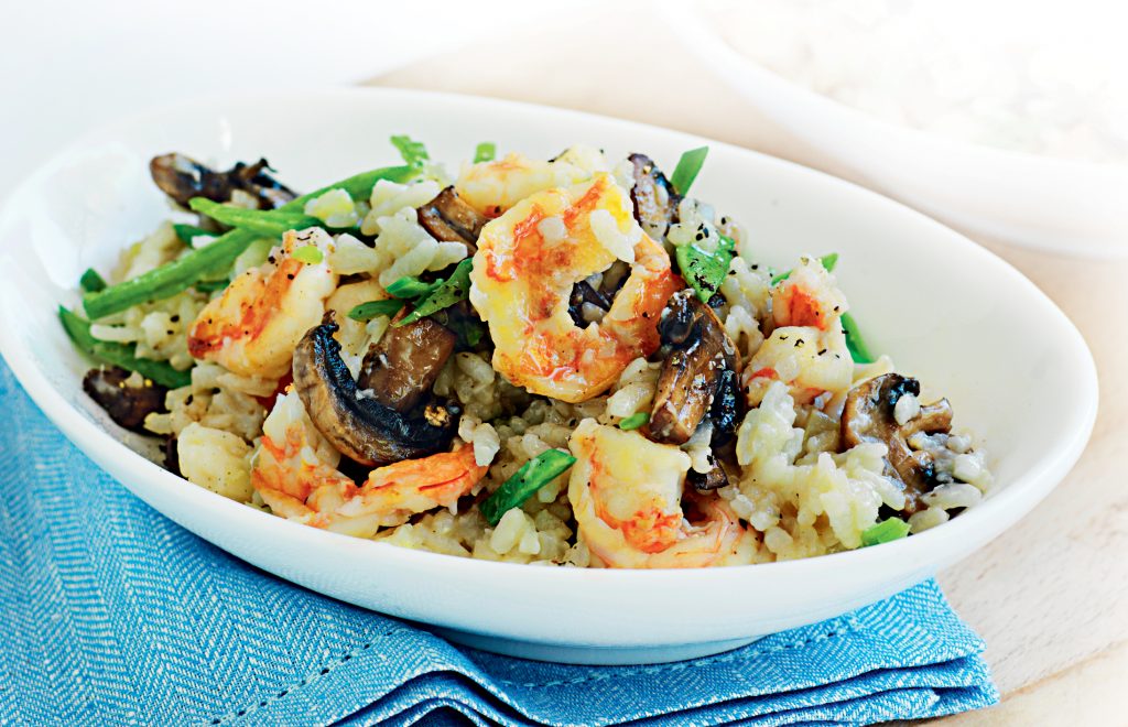 Prawn, snow pea and Asian mushroom risotto Prawn, snow pea and Asian mushroom risotto