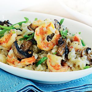 Prawn, snow pea and Asian mushroom risotto