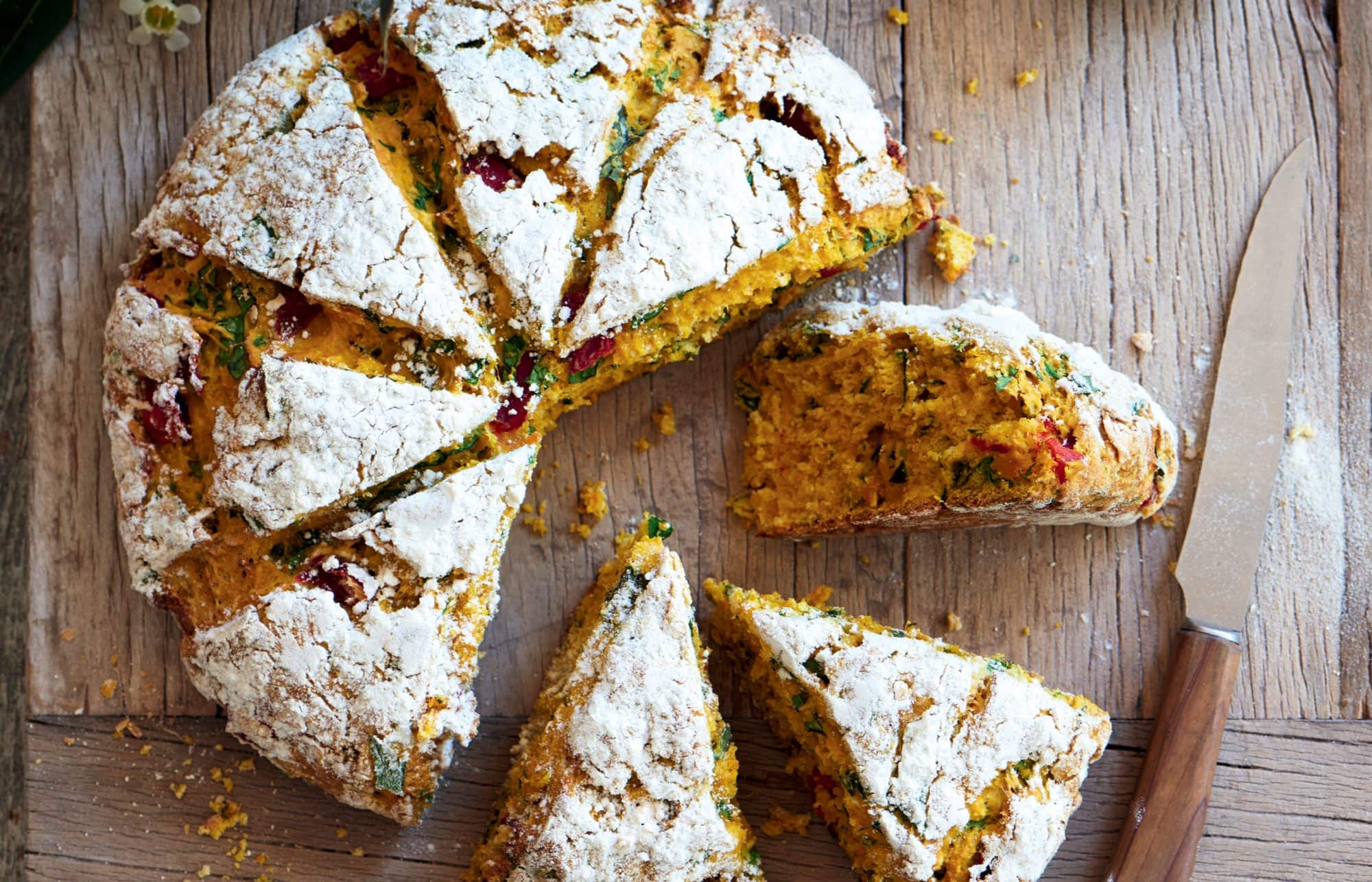 Pumpkin, roasted capsicum and spinach damper