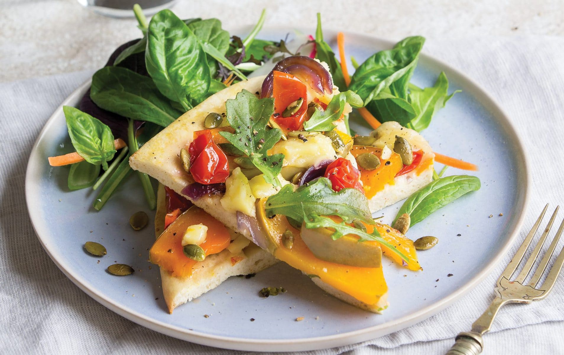 Pumpkin, feta and tomato upside-down pizza