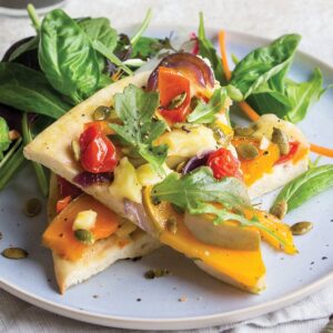 Pumpkin, feta and tomato upside-down pizza