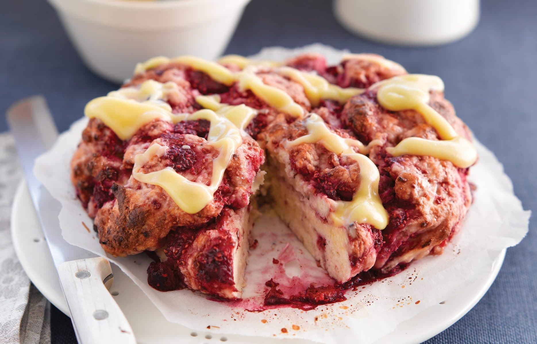 Raspberry-swirl bread with vanilla bean icing