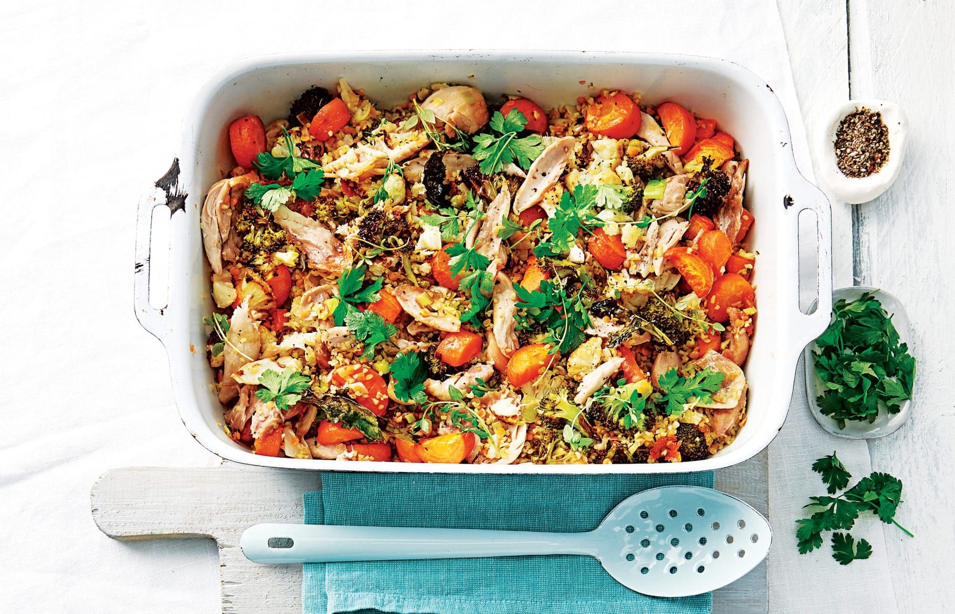 Roast chicken and vege freekeh pilaf