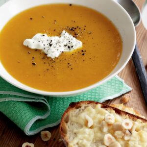 Roasted pumpkin soup with hazelnut and parmesan toasts