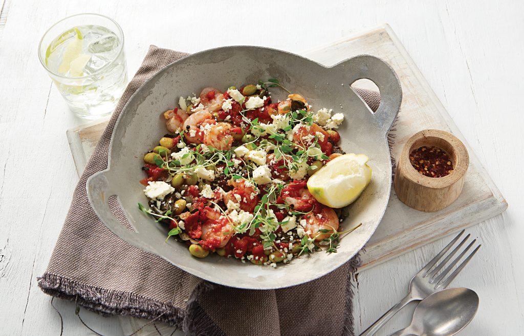 Saganaki prawns with greens Saganaki prawns with greens