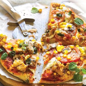 Salmon and mushroom pizza