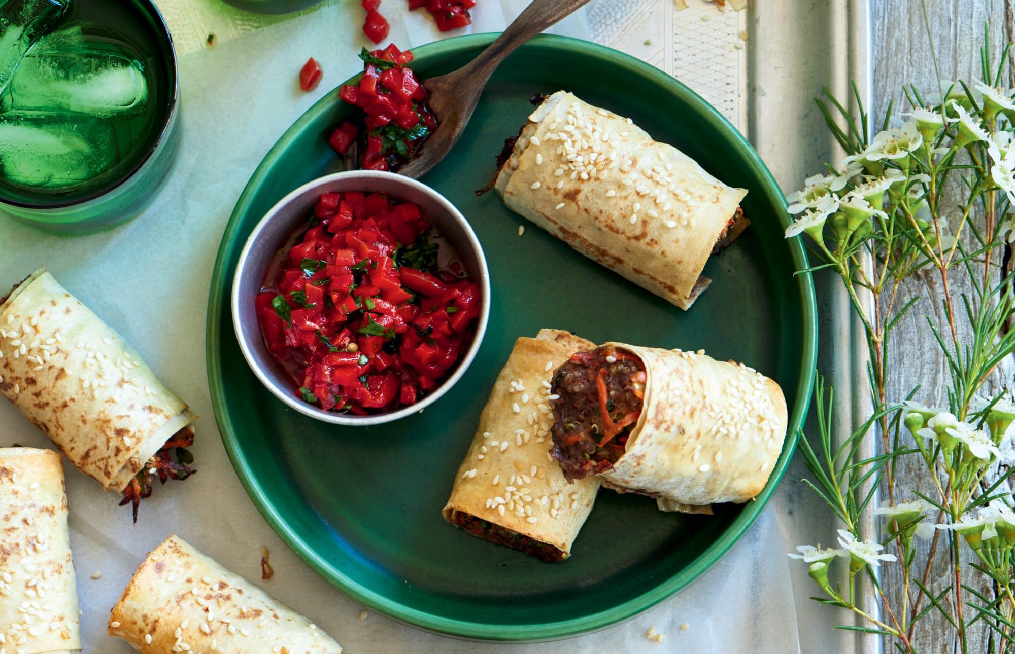 Sausage rolls with roasted capsicum relish