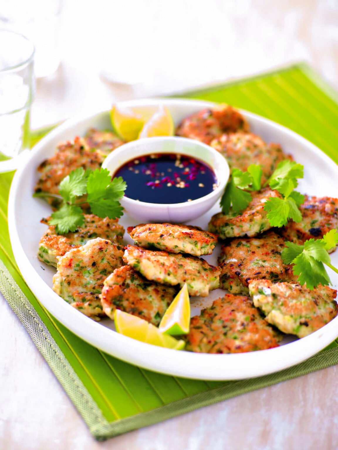 Seafood and coriander patties with chilli dipping sauce