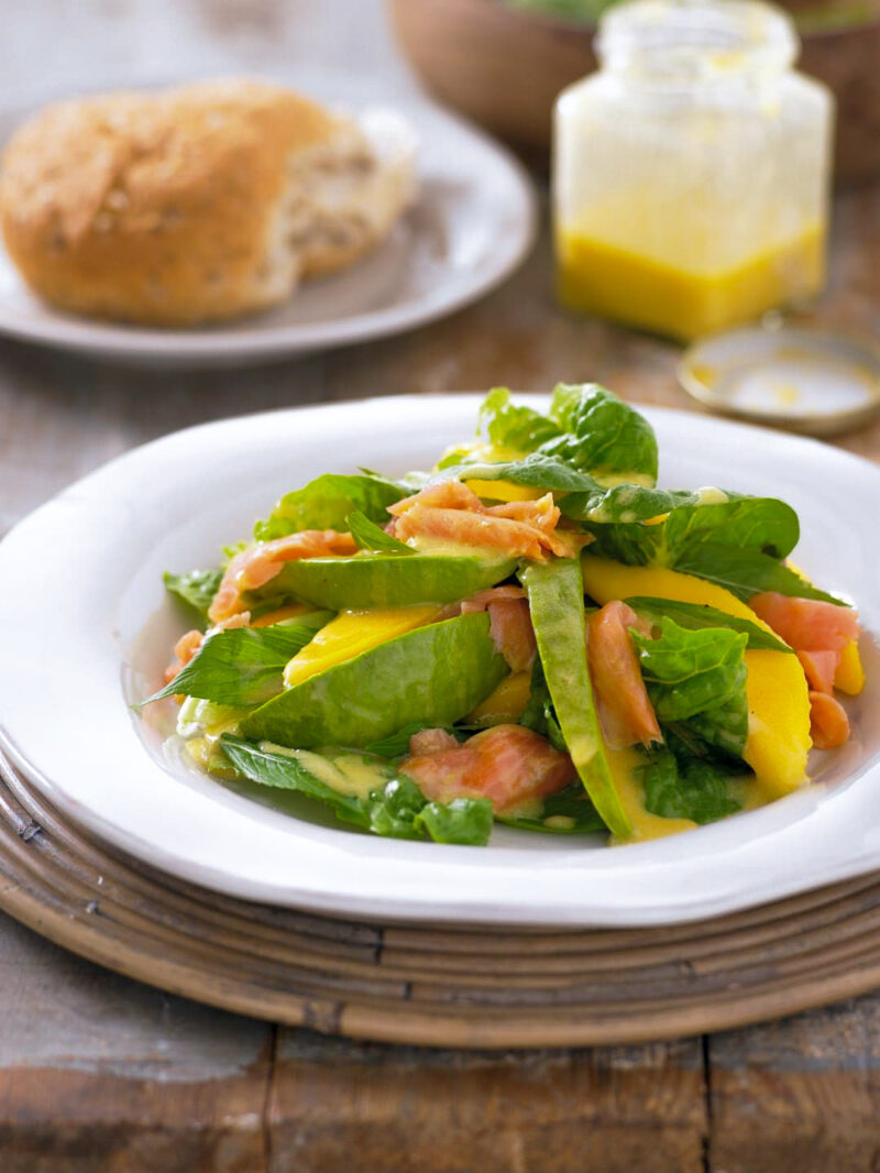 Smoked salmon, cos, mango and avocado salad