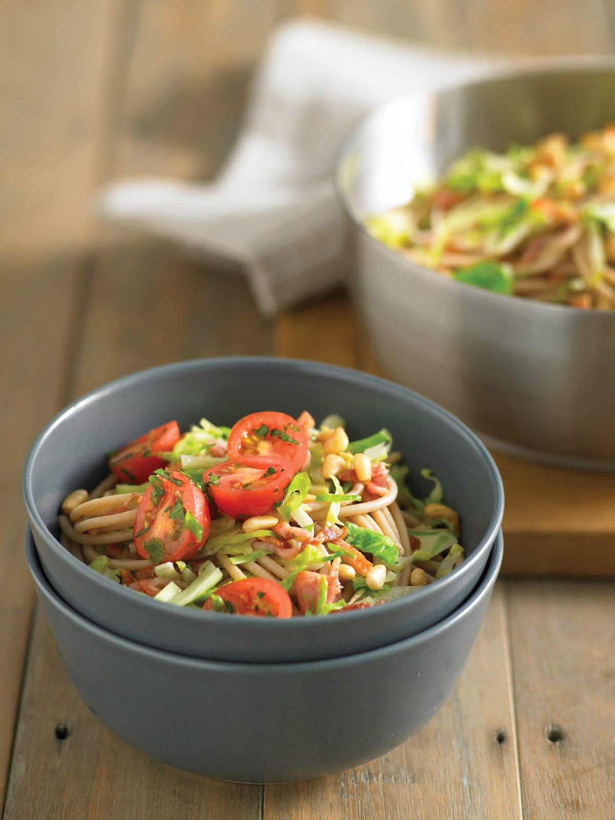 Spaghetti with bacon and Brussels sprouts