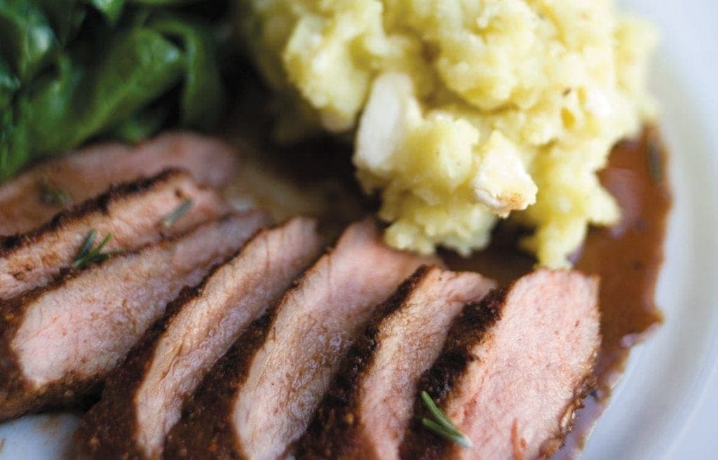 Spice-rubbed lamb with kumara and feta mash
