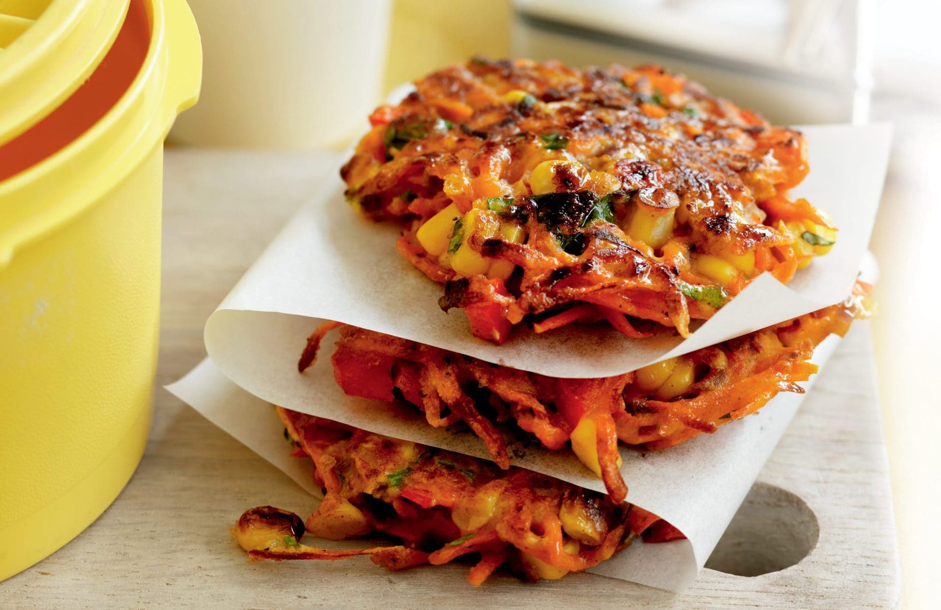 Spiced carrot, capsicum and corn fritters