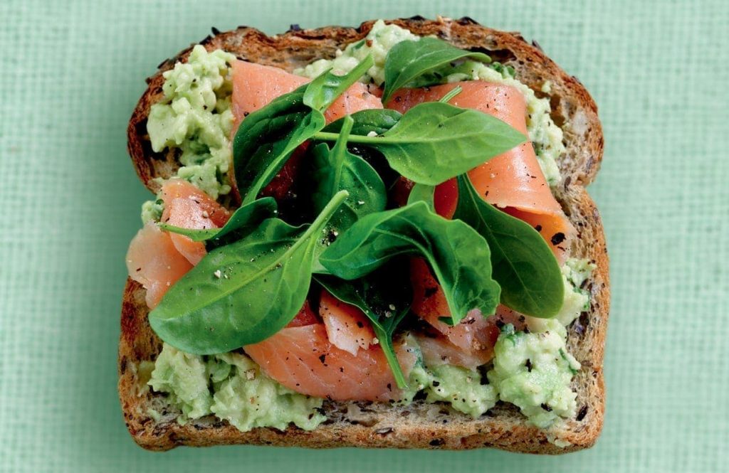 Spicy avocado, salmon and baby spinach on toast