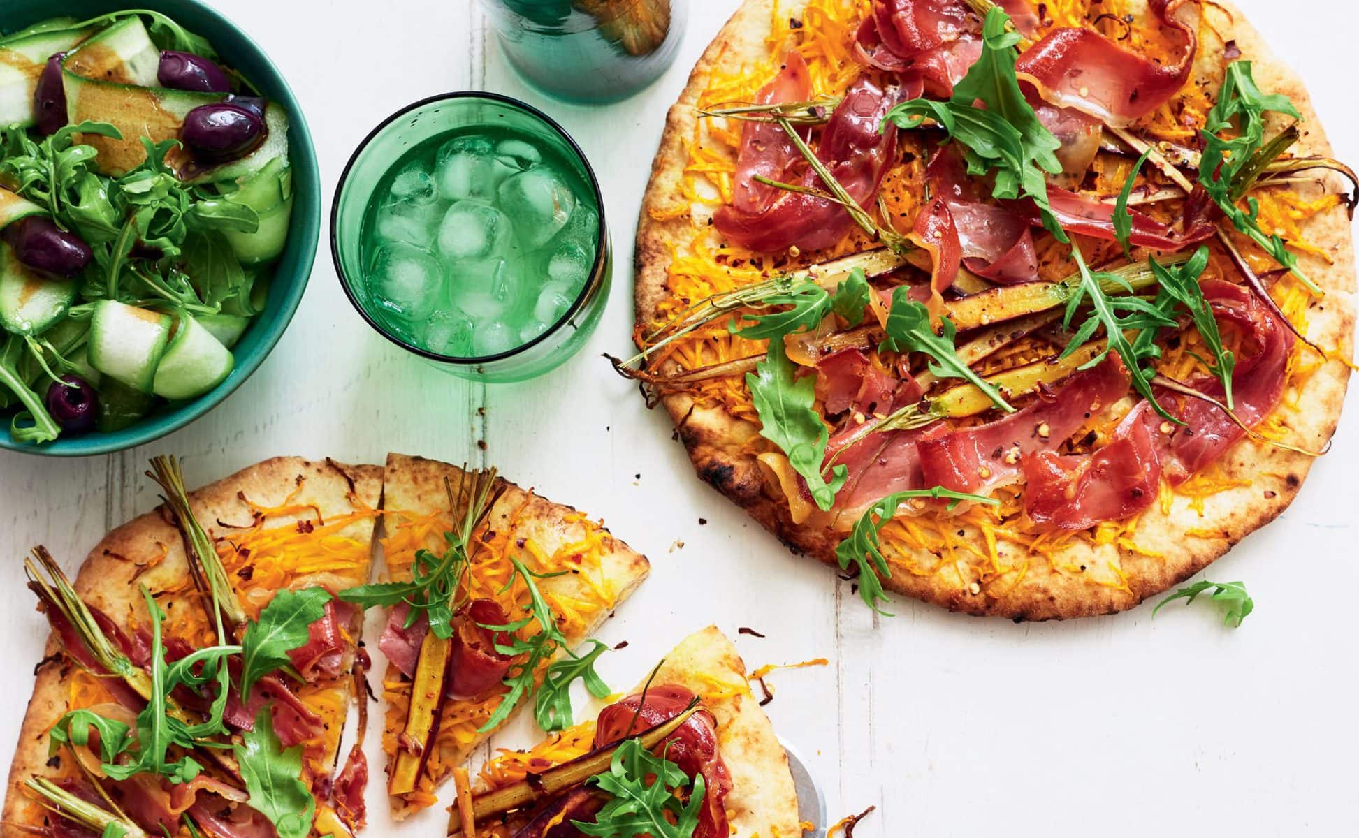 Spicy pumpkin and prosciutto pizzas