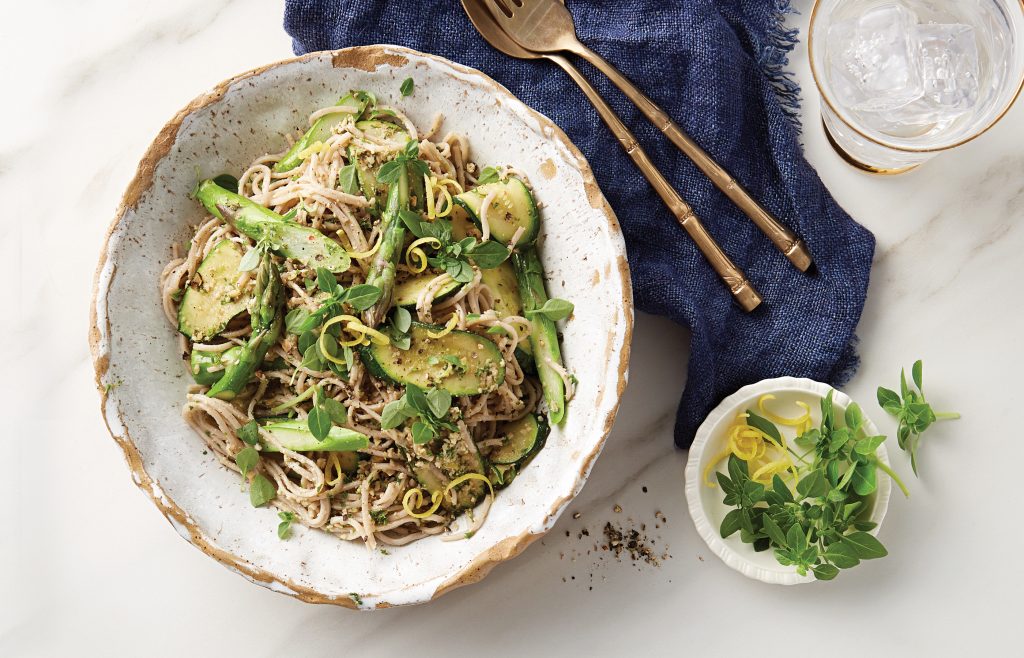 Spring vege noodles with walnut pesto Spring vege noodles with walnut pesto