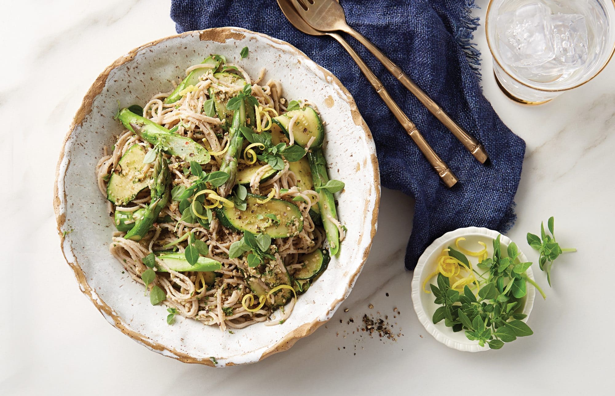 Spring vege noodles with walnut pesto