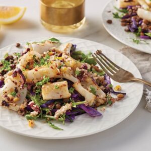 Squid with lentils and lemon-olive sprinkle