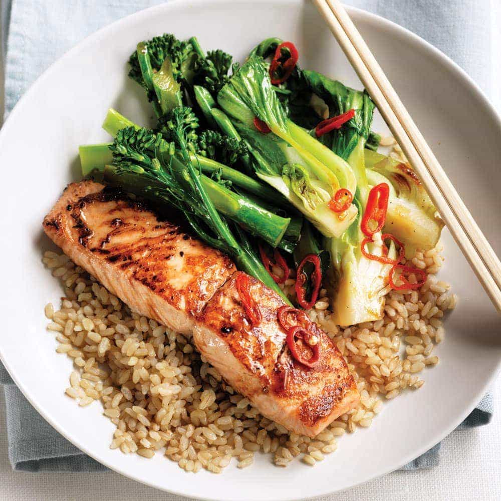 Teriyaki salmon with stir-fried greens and brown rice Teriyaki salmon with stir-fried greens and brown rice