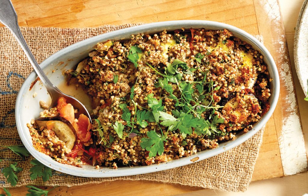 Tomato, eggplant and buckwheat bake