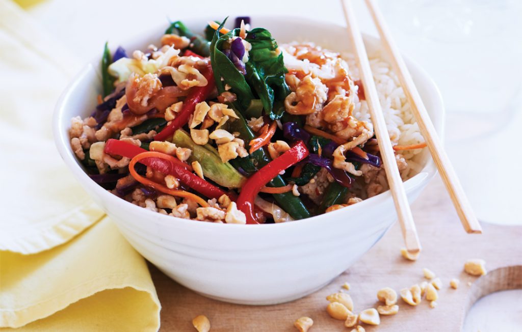 Chicken, green bean and rainbow vegies stir-fry