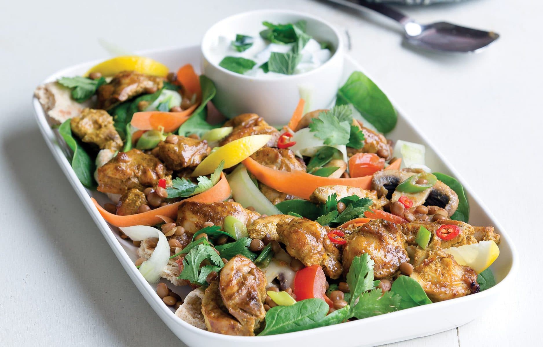 Warm chicken tikka pita salad
