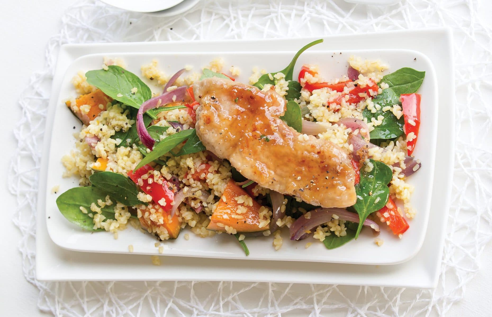 Warm roast pumpkin and bulgar wheat salad with maple-glazed pork