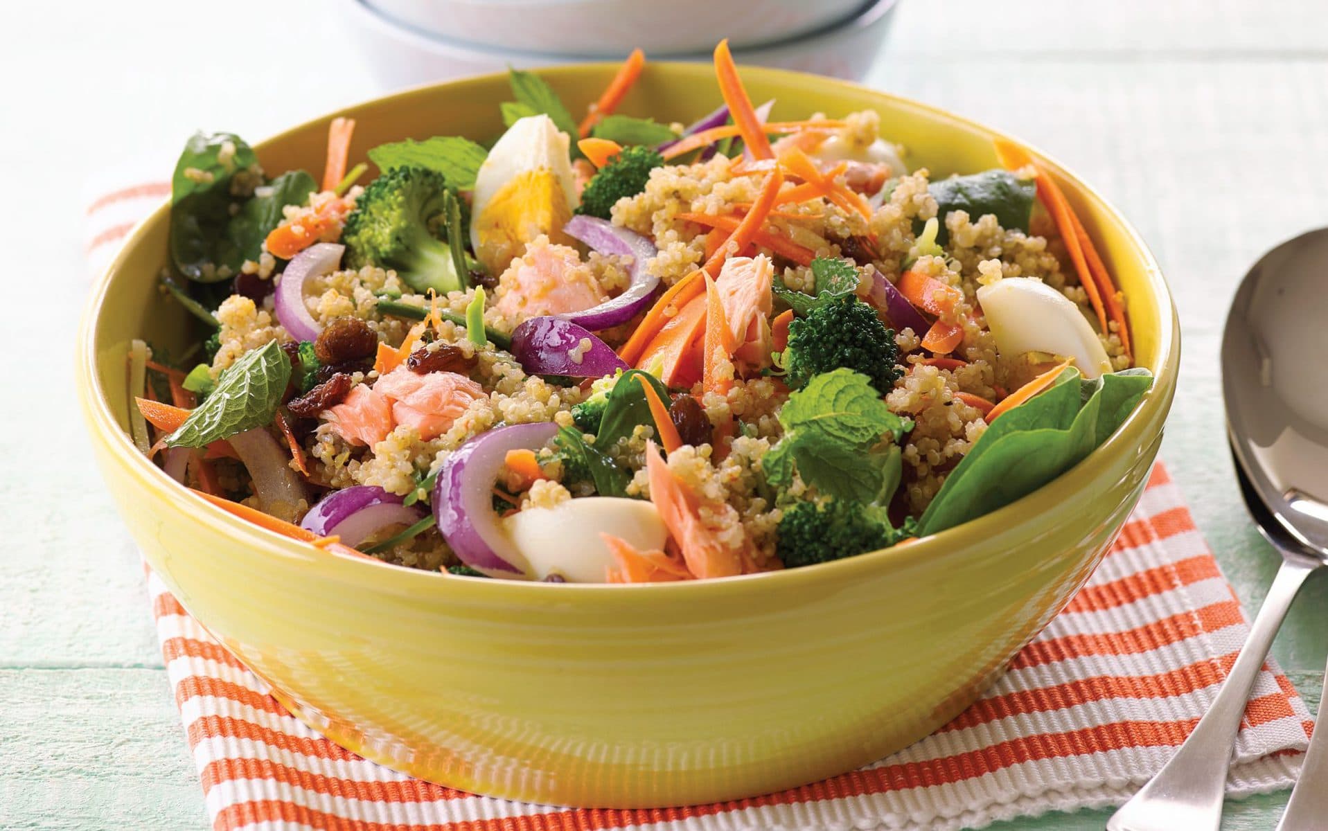 Warm salmon, egg and quinoa salad