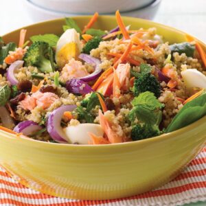 Warm salmon, egg and quinoa salad