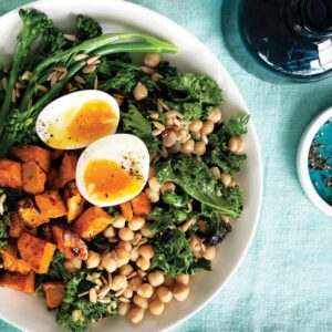 Wilted garlic, kale, chickpea, broccolini and soft-boiled egg bowl