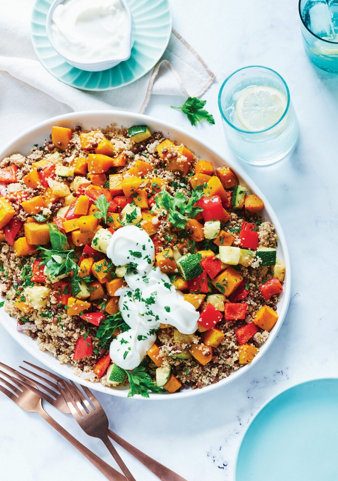 Za’atar-roasted vegetable, lentil and couscous pilaf