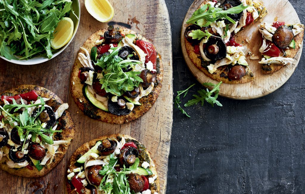Pesto, mushroom and chicken pizzas