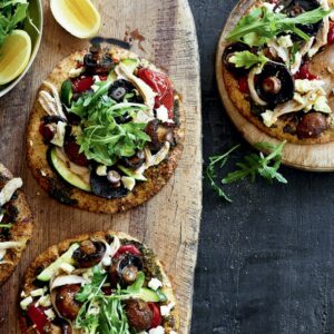 Pesto, mushroom and chicken pizzas