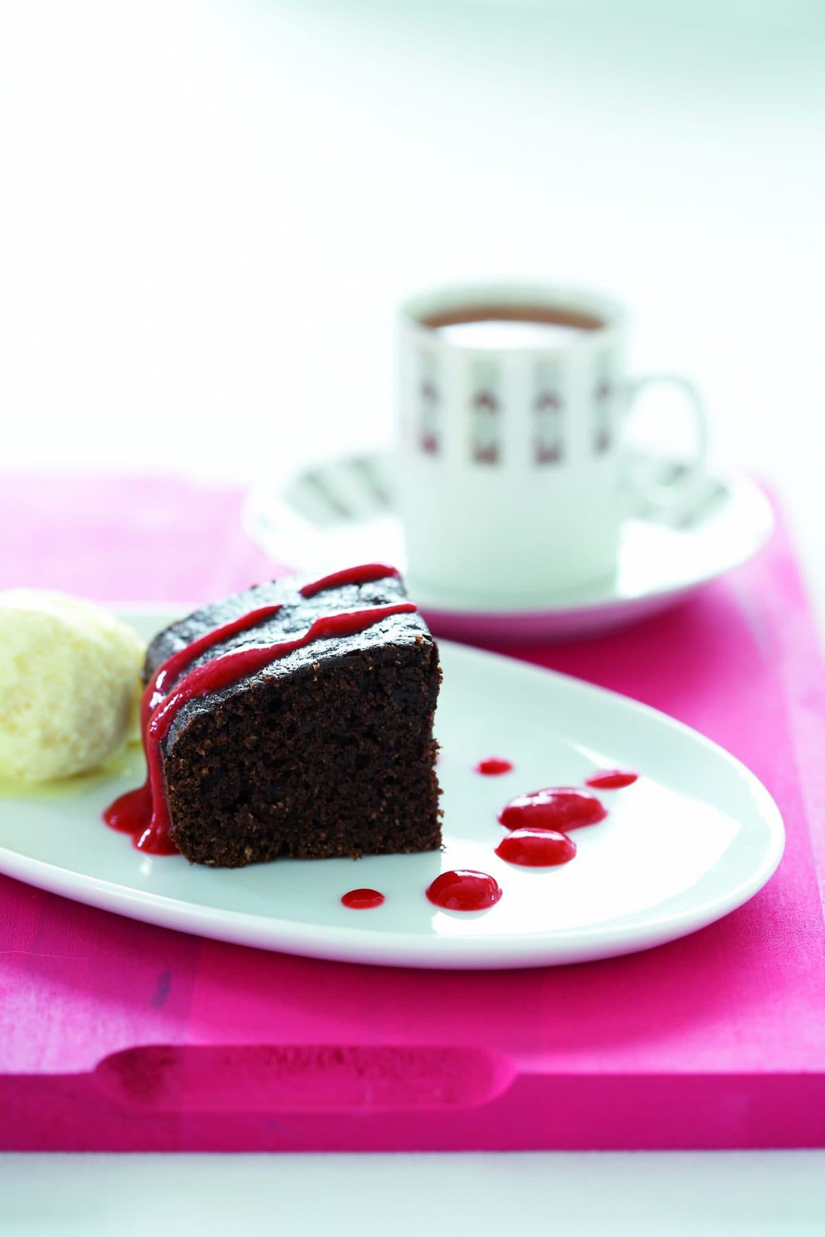 Almond brownies with sorbet and raspberry sauce