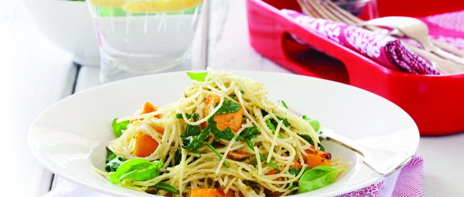 Angel hair pasta with pumpkin and basil pesto
