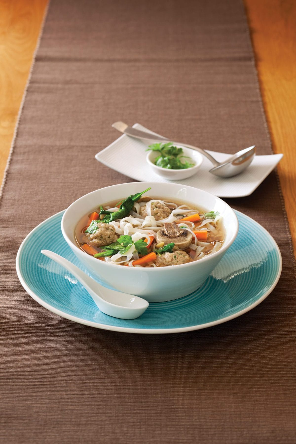 Asian-style meatball and noodle soup