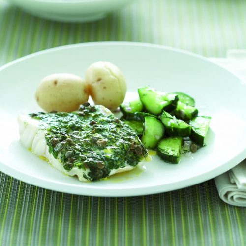 Baked fish with cucumber salad