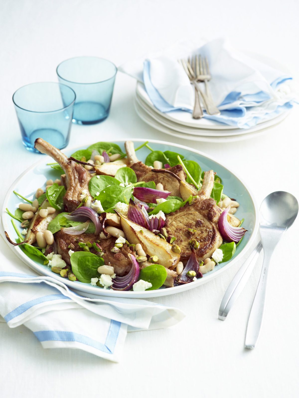 Balsamic pork with roasted pear, spinach and feta salad