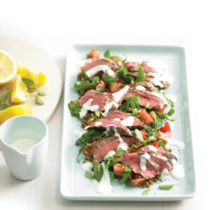 Barbecued lamb with lentil salad and lemon yoghurt dressing