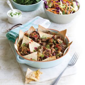 Beef and tortilla cheesy bake with slaw