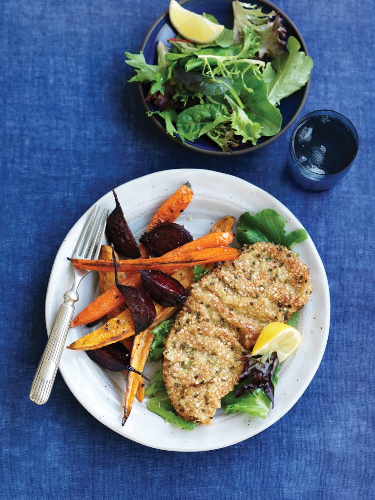 Beef schnitzel with roast vege wedges Beef schnitzel with roast vege wedges