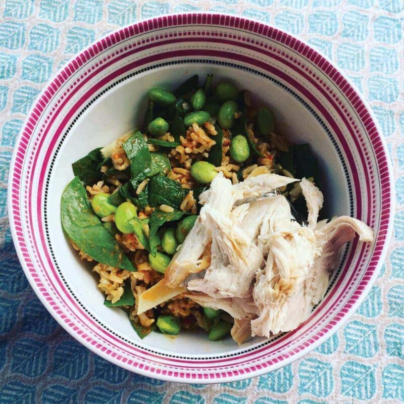 Brown rice salad with chilli peanut dressing