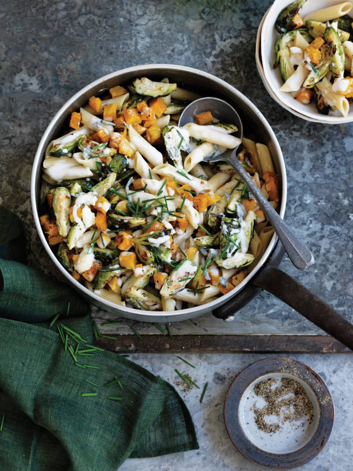 Brussels sprouts, pumpkin and blue cheese pasta