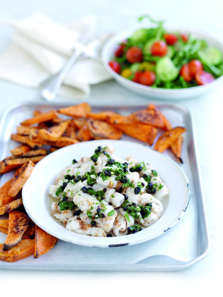 Calamari with parsley, garlic and currant dressing