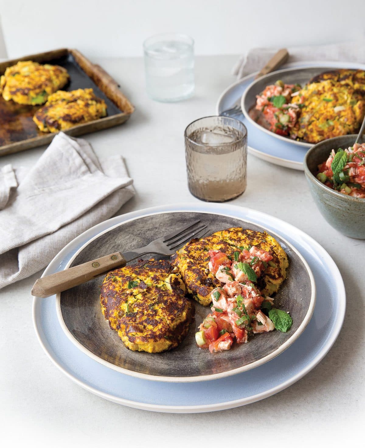 Cauliflower, lentil and pumpkin fritters with minty salsa