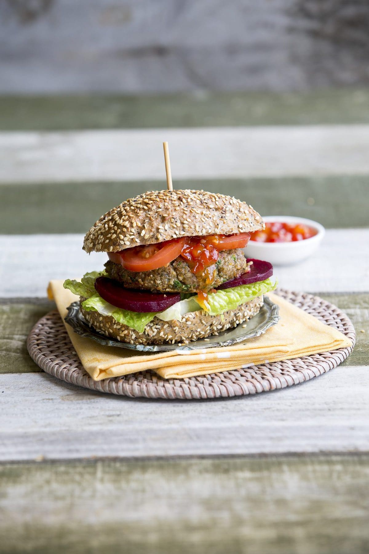 Cheese and barley beef burgers with crusty rolls